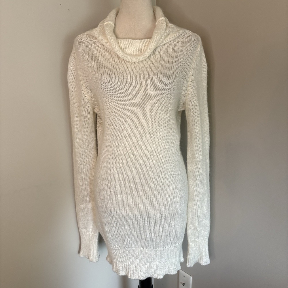 VTG Benetton Ivory Mohair Sweater Dress Open Knit Cowl Neck Tunic White Large L